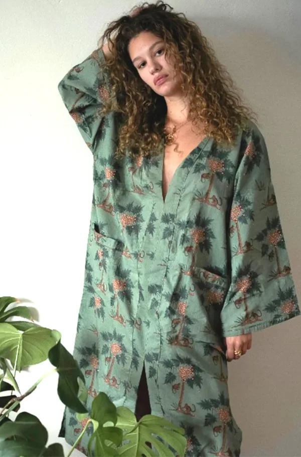 model wears the only hearts luv island cotton kaftan