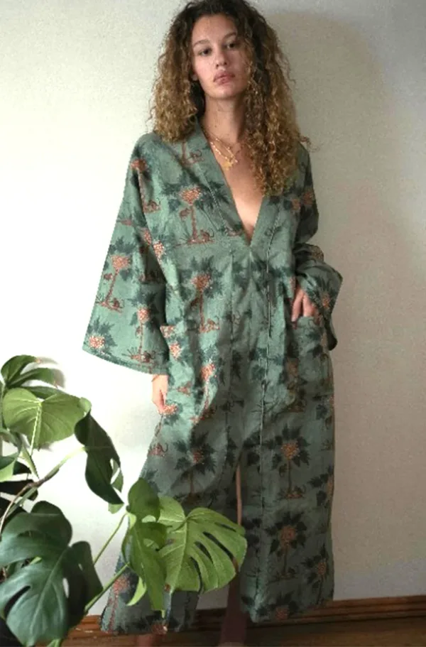 model wears the only hearts luv island cotton kaftan