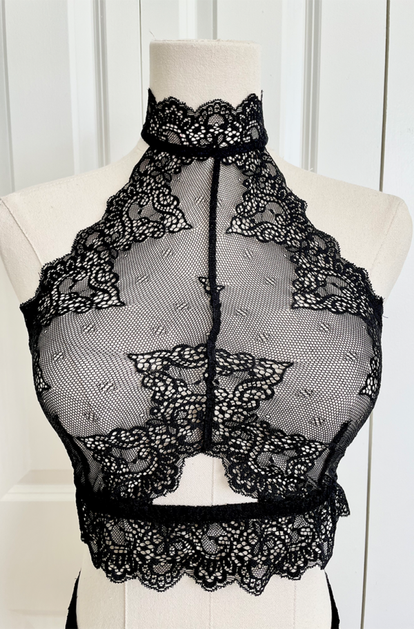 only hearts so fine lace halter cami top in black sheer lace (styled on a mannequin)