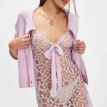 model wears the only hearts isabel embroidery cadeau chemise slip in lilac lace