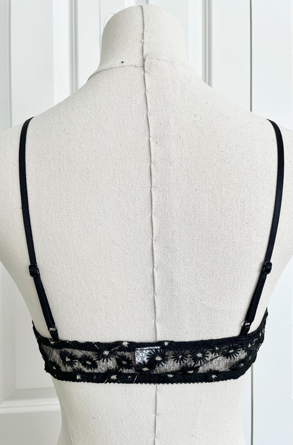 back view of the only hearts isabel embroidered black lace bralette