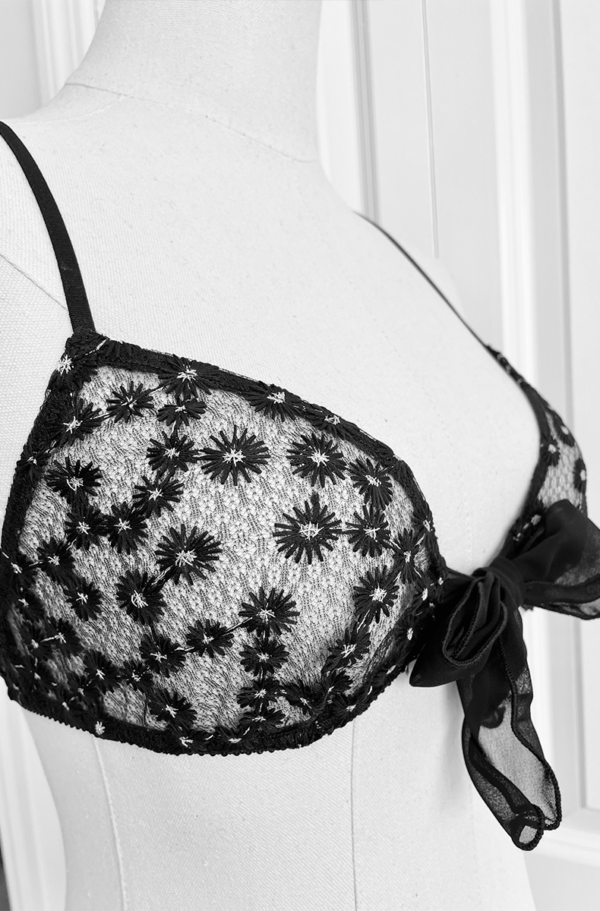 side view of the only hearts isabel embroidered black lace bralette