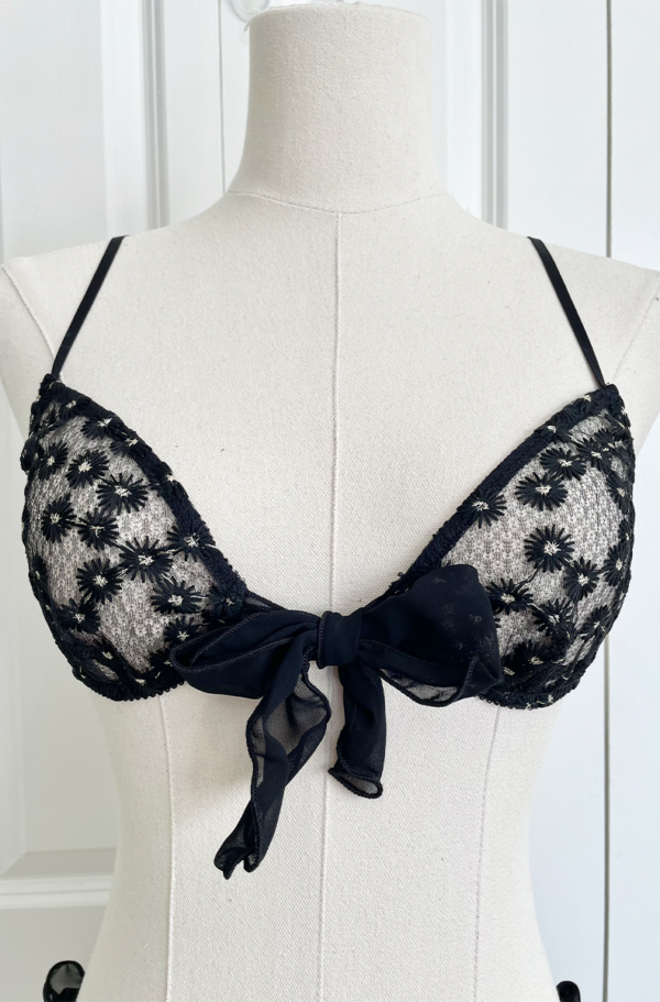 front view of the only hearts isabel embroidered black lace bralette