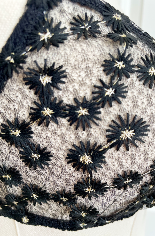 close up view of the only hearts isabel embroidered black lace