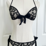 front view of the only hearts isabel embroidered black lace bralette and bikini brief