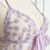 close up view of the only hearts isabel embroidered cadeau chemise in lilac lace