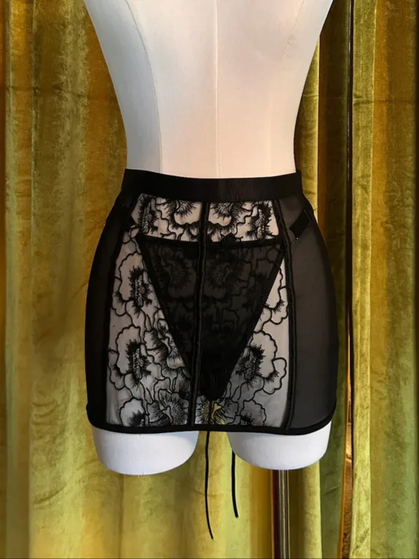 Kilo Brava Black Floral Embroidery Lace-up Skirt + G-String