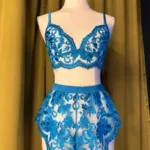 kilo brava embroidered longline bralette and tap shorts in Hawaiian blue