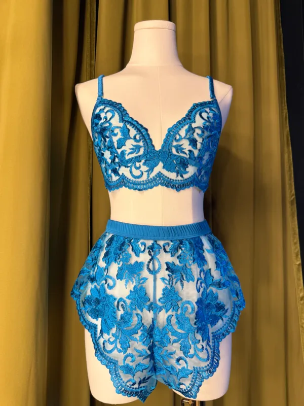 kilo brava embroidered longline bralette and tap shorts in Hawaiian blue