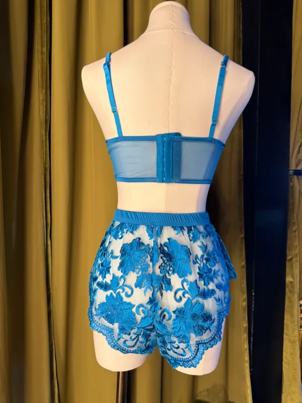 kilo brava embroidered longline bralette and tap shorts in Hawaiian blue