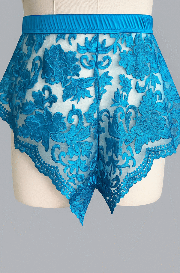 front view of kilo brava embroidered lace tap shorts in Hawaiian blue.
